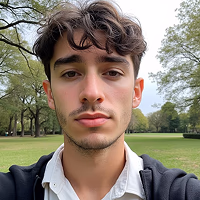 Selfie of a young man with wavy dark hair in a park.