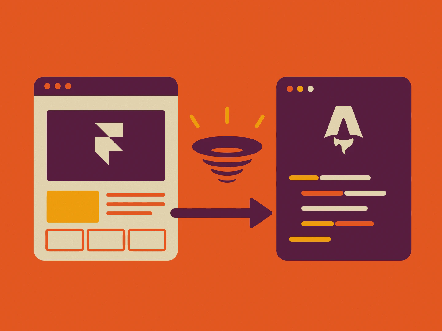 Illustration: a Framer site window with an arrow through a PullPage logo to an Astro site window.