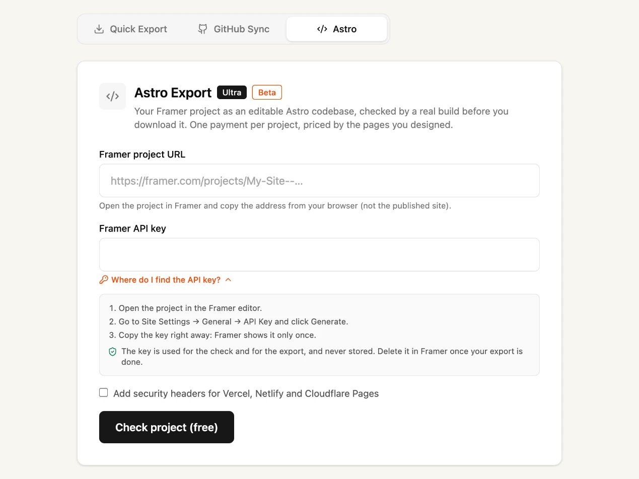 The Astro export form with fields for the Framer project URL and API key