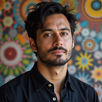 Man with a short beard in a black shirt against a colorful pattern.
